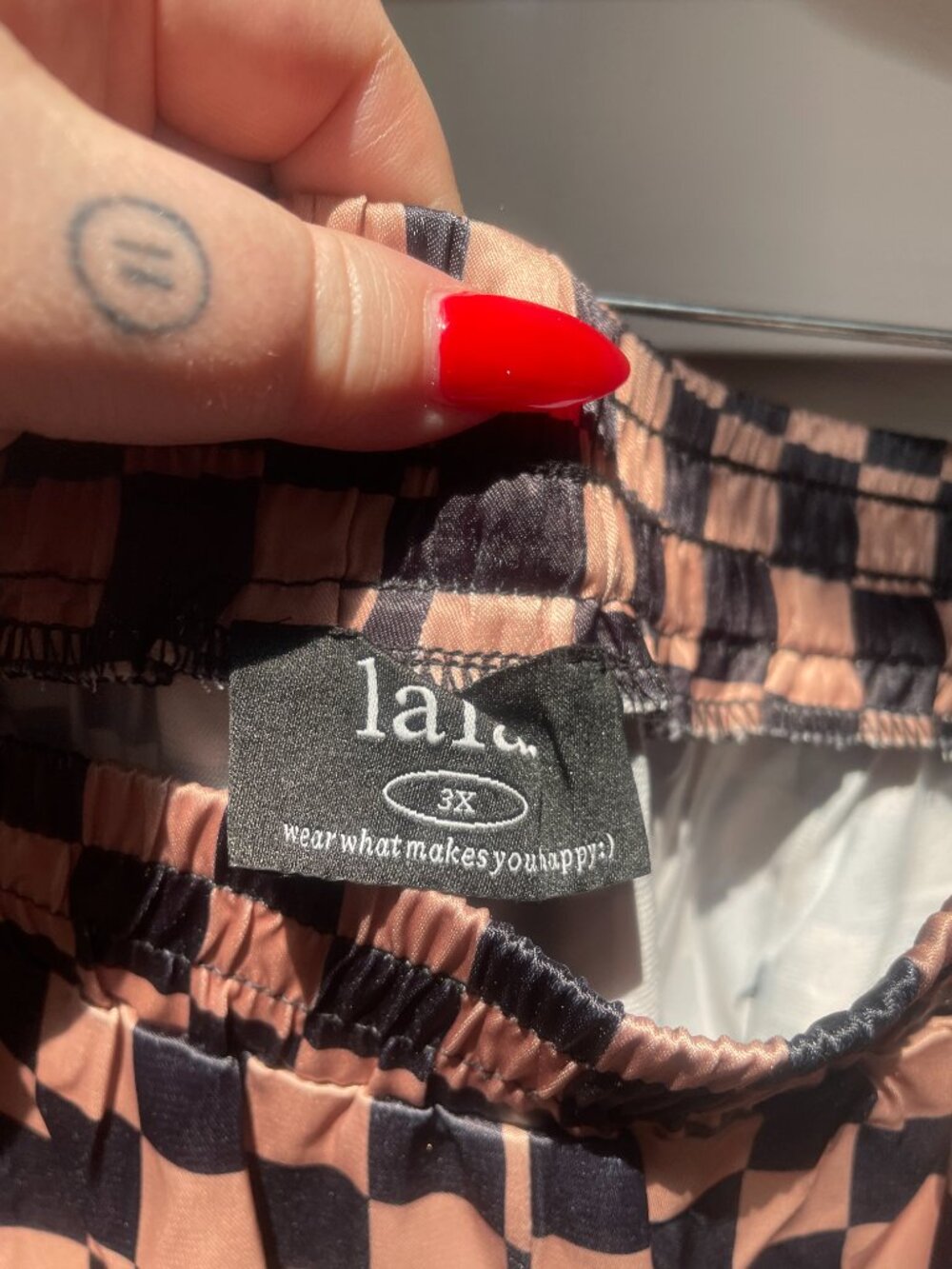 Dressed in LALA Satin Playsuit in Iced Coffee Checkerboard **HEMMED** - Picture 5 of 5
